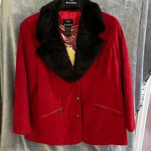 Dennis Basso Red Teddy Jacket with Black Faux Fur Collar